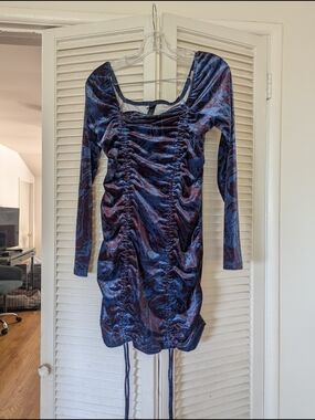 wild fable Blue & Burgundy Ruched Long-Sleeve Mini Dress